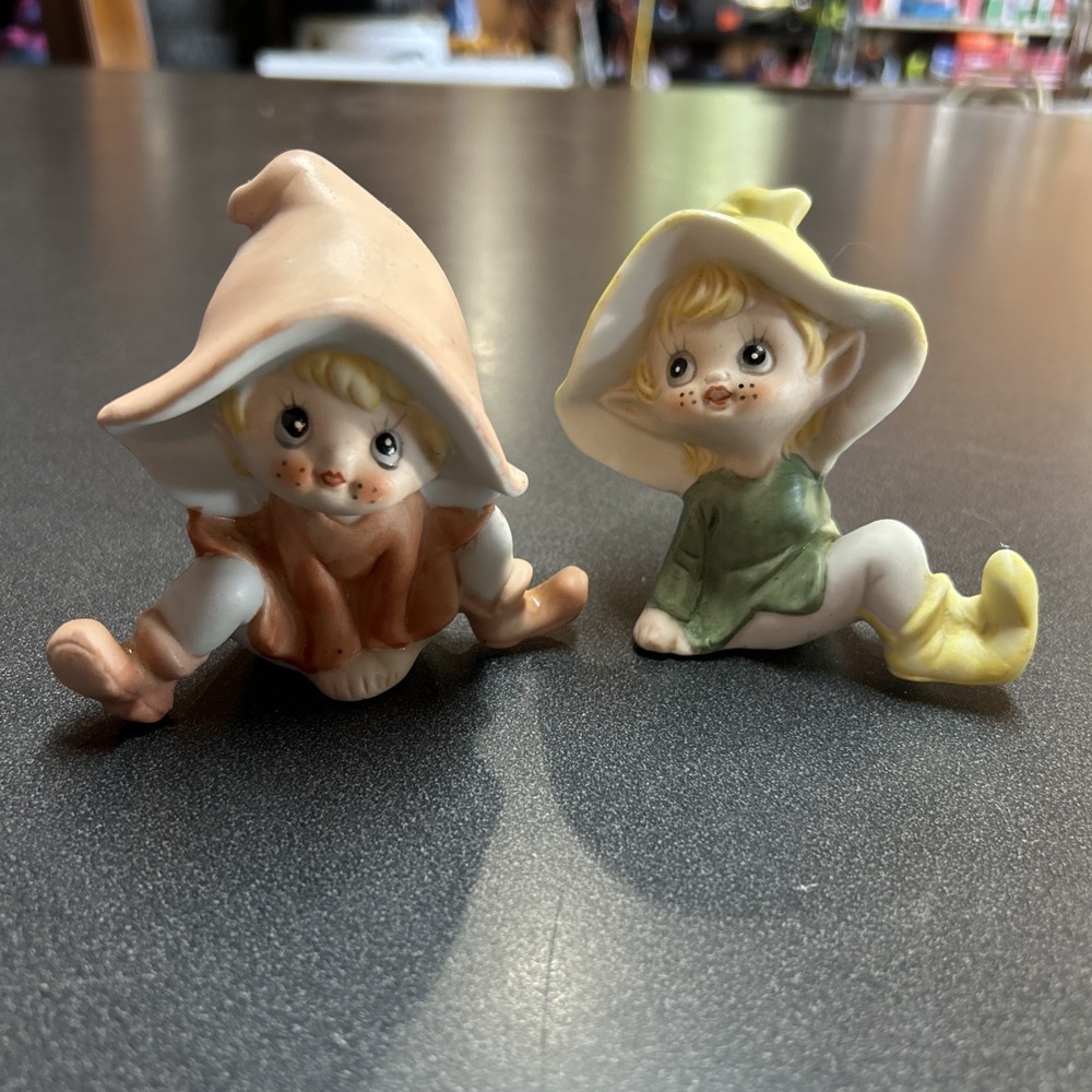 Homco Set of 2 Pixie Elves Two Gnome Figurines Vintage #5213 Green, Orange